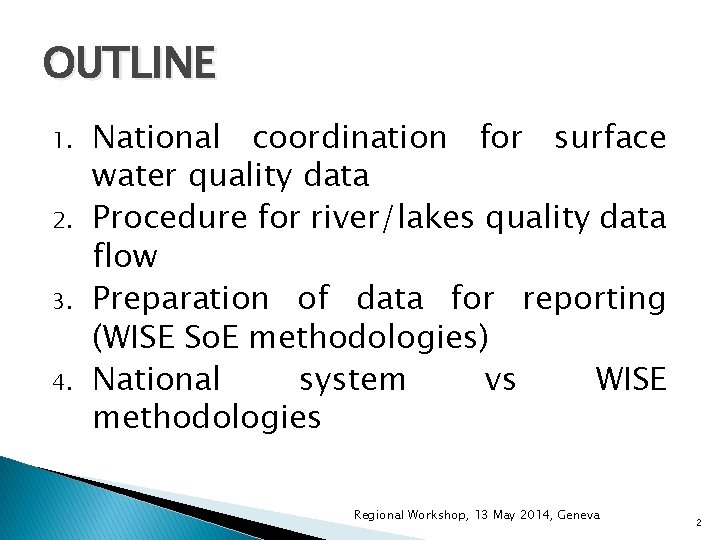 OUTLINE 1. 2. 3. 4. National coordination for surface water quality data Procedure for OUTLINE 1. 2. 3. 4. National coordination for surface water quality data Procedure for