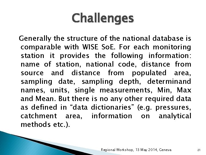 Challenges Generally the structure of the national database is comparable with WISE So. E. Challenges Generally the structure of the national database is comparable with WISE So. E.