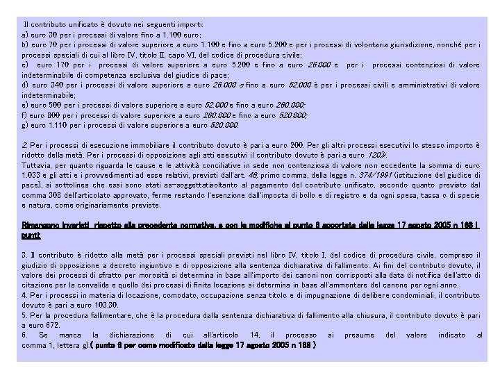 Il contributo unificato è dovuto nei seguenti importi: a) euro 30 per i processi