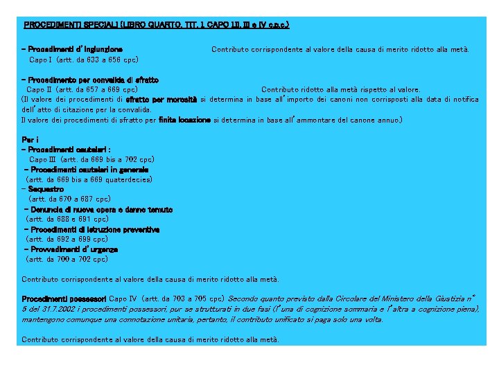 PROCEDIMENTI SPECIALI (LIBRO QUARTO, TIT. I, CAPO I, III e IV c. p. c. PROCEDIMENTI SPECIALI (LIBRO QUARTO, TIT. I, CAPO I, III e IV c. p. c.