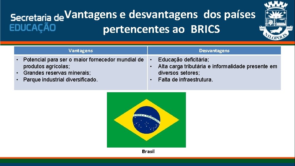 Vantagens e desvantagens dos países pertencentes ao BRICS Vantagens Desvantagens • Potencial para ser