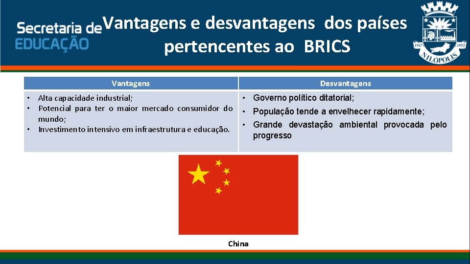 Vantagens e desvantagens dos países pertencentes ao BRICS Vantagens Desvantagens • Alta capacidade industrial;