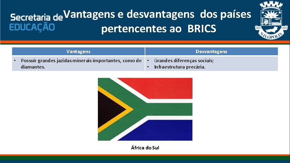 Vantagens e desvantagens dos países pertencentes ao BRICS Vantagens Desvantagens • Possuir grandes jazidas