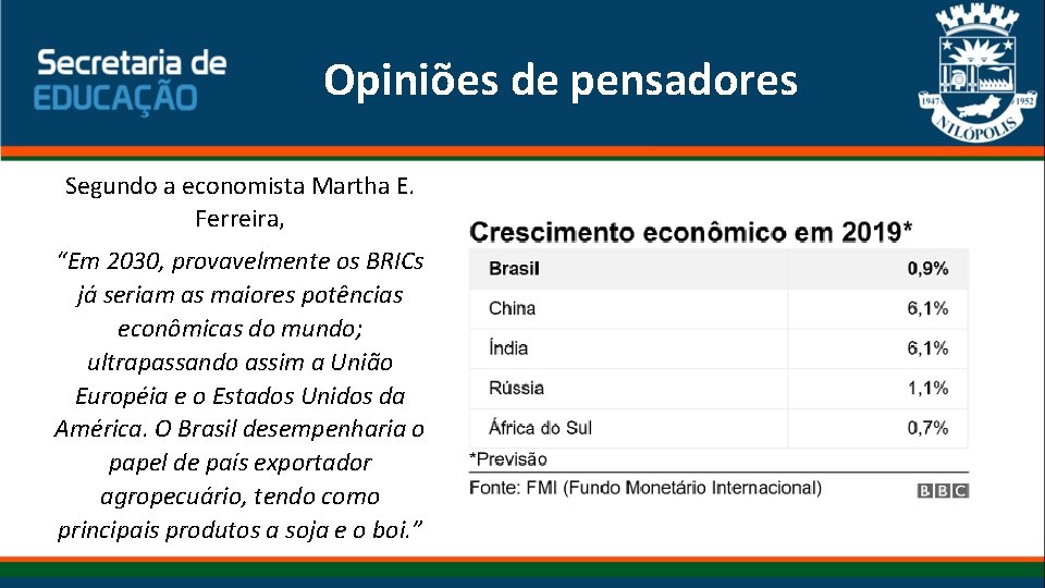 Opiniões de pensadores Segundo a economista Martha E. Ferreira, “Em 2030, provavelmente os BRICs