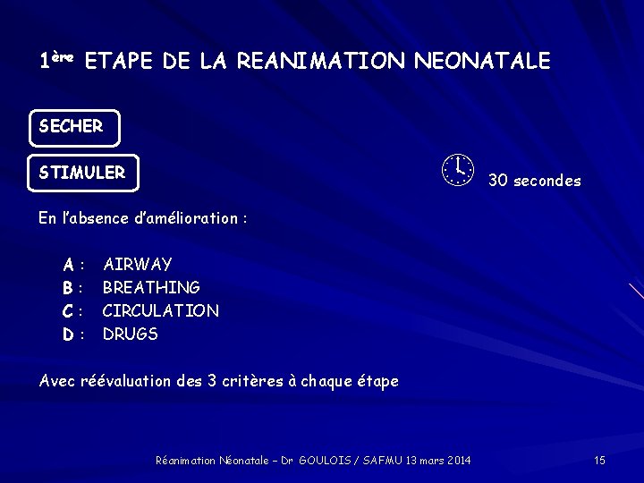 1ère ETAPE DE LA REANIMATION NEONATALE SECHER STIMULER 30 secondes En l’absence d’amélioration :