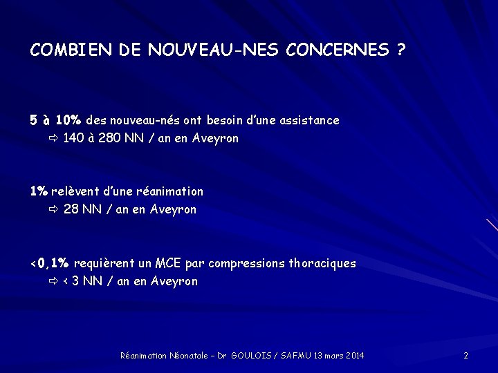 COMBIEN DE NOUVEAU-NES CONCERNES ? 5 à 10% des nouveau-nés ont besoin d’une assistance