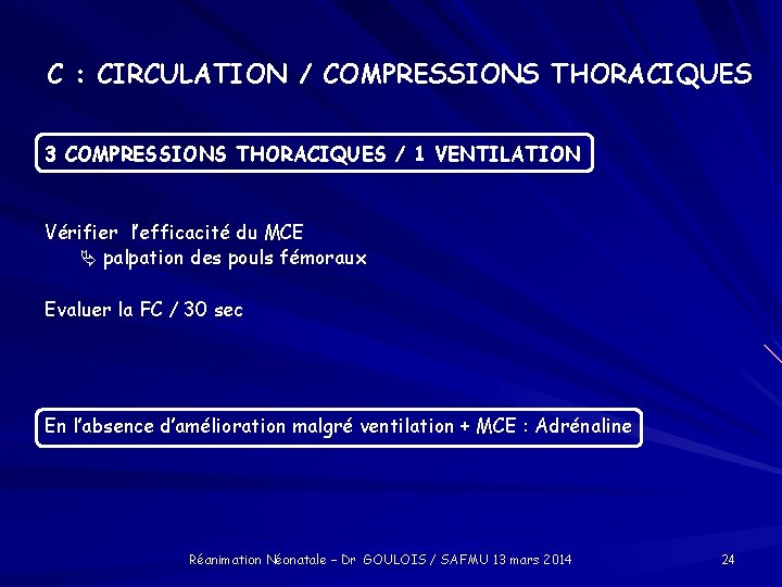 C : CIRCULATION / COMPRESSIONS THORACIQUES 3 COMPRESSIONS THORACIQUES / 1 VENTILATION Vérifier l’efficacité