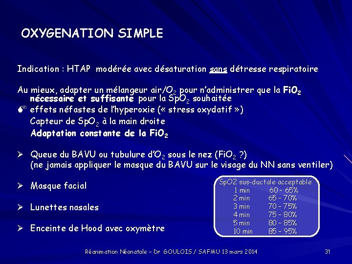 OXYGENATION SIMPLE Indication : HTAP modérée avec désaturation sans détresse respiratoire Au mieux, adapter