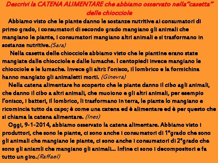 Descrivi la CATENA ALIMENTARE che abbiamo osservato nella“casetta” delle chiocciole Abbiamo visto che le