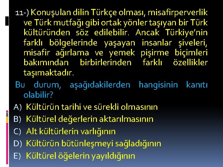 11 -) Konuşulan dilin Türkçe olması, misafirperverlik ve Türk mutfağı gibi ortak yönler taşıyan