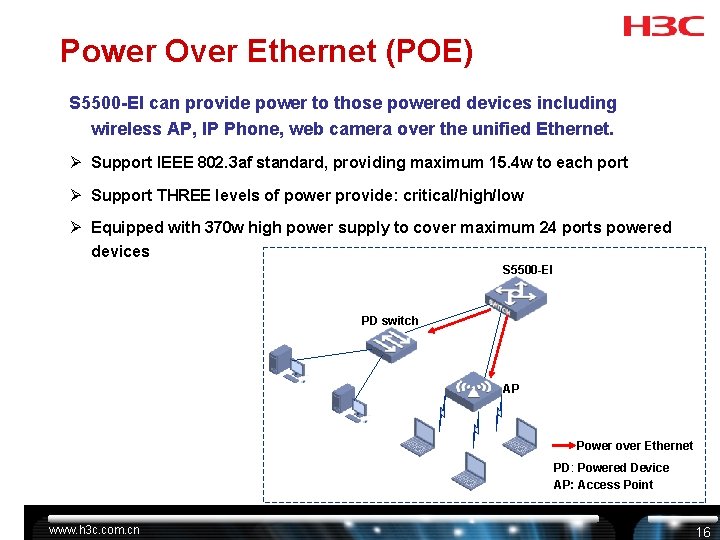 Power Over Ethernet (POE) S 5500 -EI can provide power to those powered devices Power Over Ethernet (POE) S 5500 -EI can provide power to those powered devices