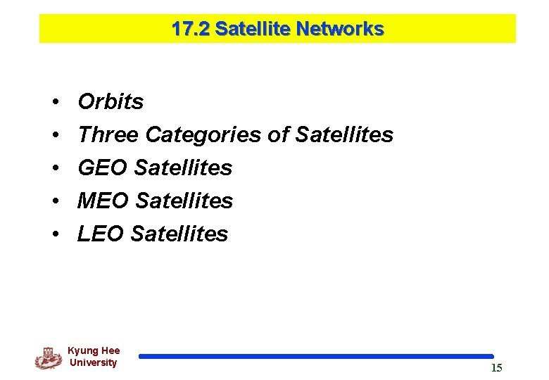 17. 2 Satellite Networks • • • Orbits Three Categories of Satellites GEO Satellites