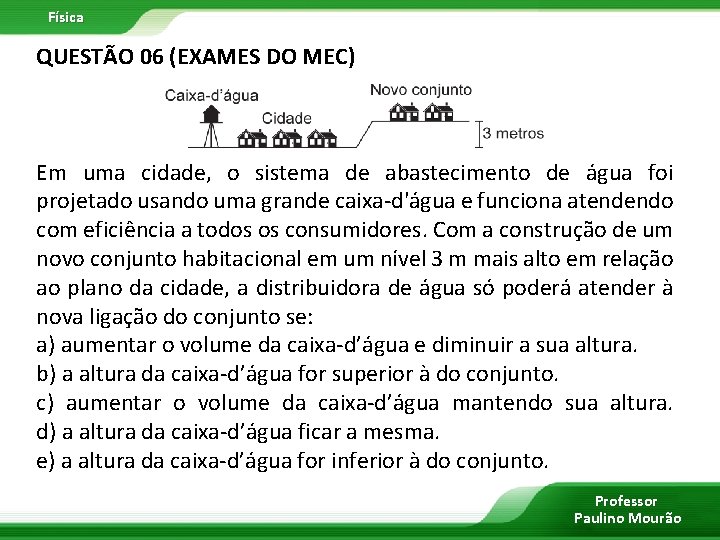 Física QUESTÃO 06 (EXAMES DO MEC) Em uma cidade, o sistema de abastecimento de