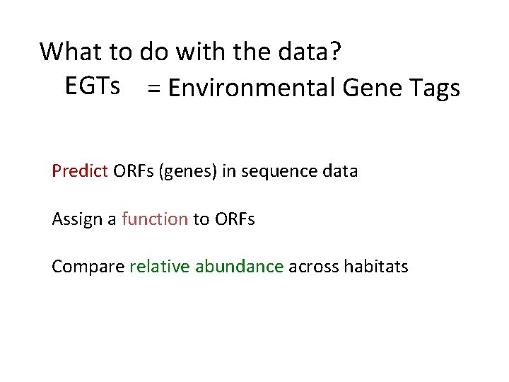 What to do with the data? EGTs = Environmental Gene Tags Predict ORFs (genes)