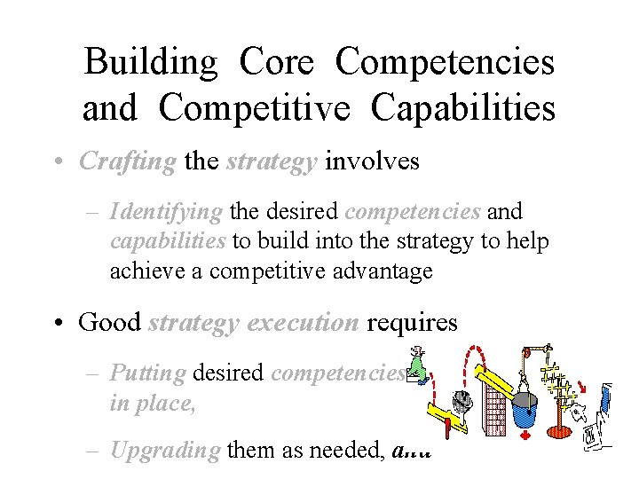 Building Core Competencies and Competitive Capabilities • Crafting the strategy involves – Identifying the