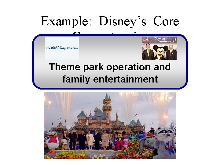 Example: Disney’s Core Competencies Theme park operation and family entertainment 