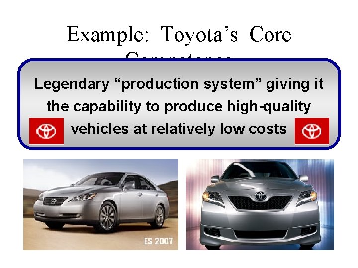 Example: Toyota’s Core Competence Legendary “production system” giving it the capability to produce high-quality