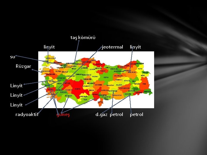 taş kömürü linyit jeotermal linyit su Rüzgar Linyit radyoaktif güneş d. gaz petrol 
