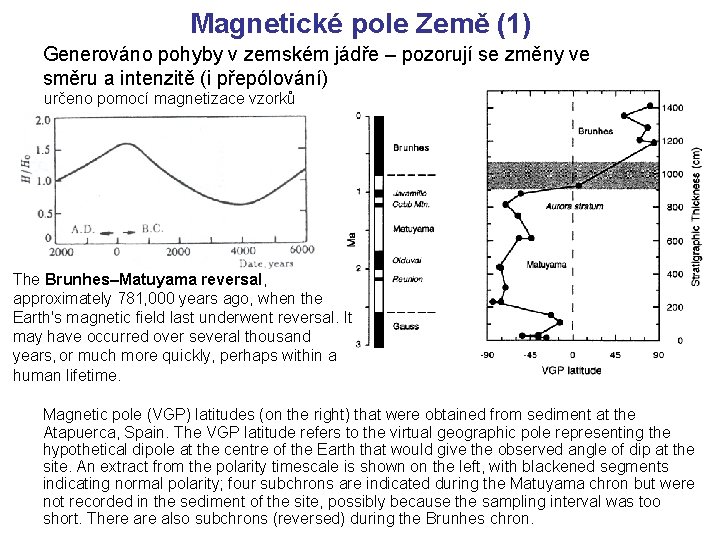 Magnetické pole Země (1) Generováno pohyby v zemském jádře – pozorují se změny ve Magnetické pole Země (1) Generováno pohyby v zemském jádře – pozorují se změny ve