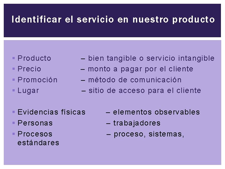 Identificar el servicio en nuestro producto § Precio § Promoción § Lugar – bien