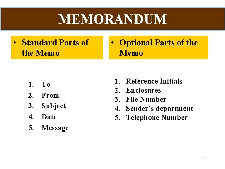 MEMORANDUM • Standard Parts of the Memo 1. 2. 3. 4. 5. To From