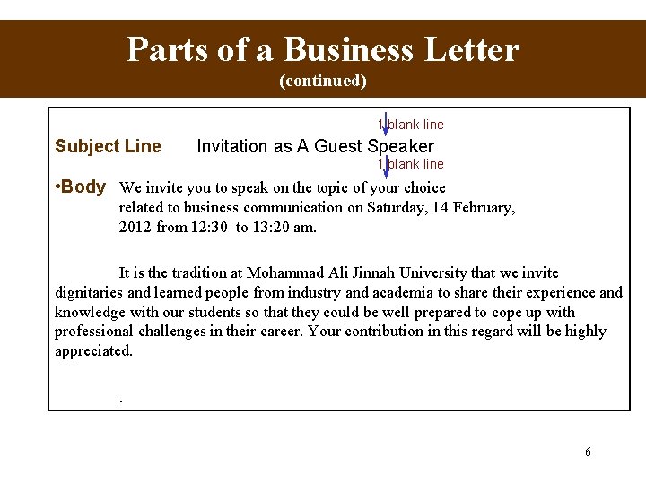 Parts of a Business Letter (continued) 1 blank line Subject Line Invitation as A