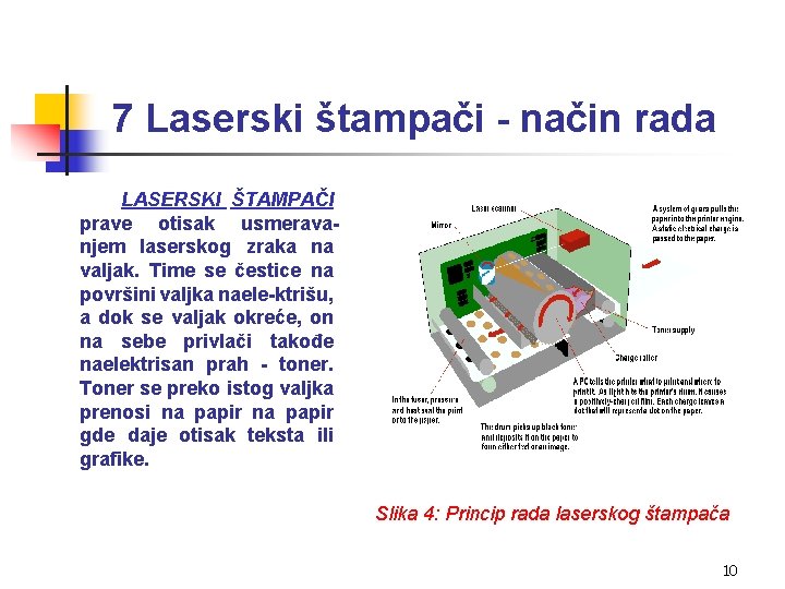 7 Laserski štampači - način rada LASERSKI ŠTAMPAČI prave otisak usmeravanjem laserskog zraka na