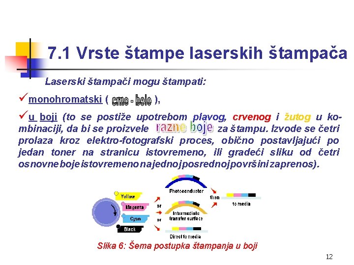 7. 1 Vrste štampe laserskih štampača Laserski štampači mogu štampati: ümonohromatski ( üu boji