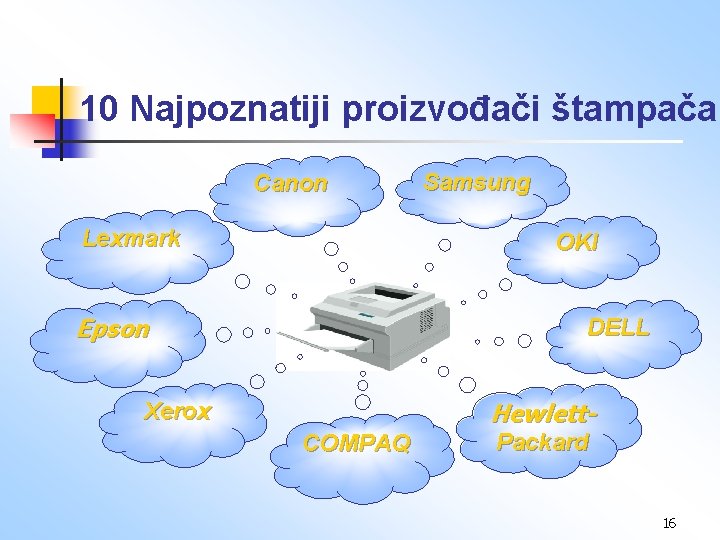 10 Najpoznatiji proizvođači štampača Canon Lexmark Samsung OKI Epson DELL Hewlett- Xerox COMPAQ Packard