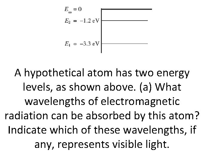 A hypothetical atom has two energy levels, as shown above. (a) What wavelengths of