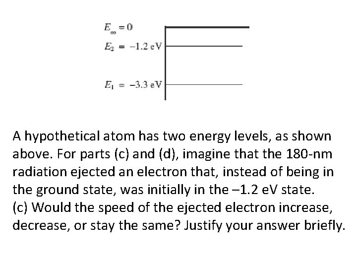 A hypothetical atom has two energy levels, as shown above. For parts (c) and