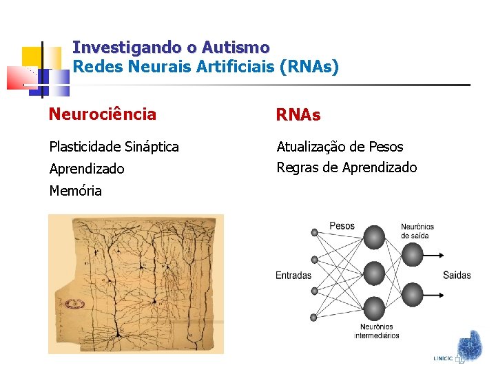 Investigando o Autismo Redes Neurais Artificiais (RNAs) Neurociência RNAs Plasticidade Sináptica Atualização de Pesos