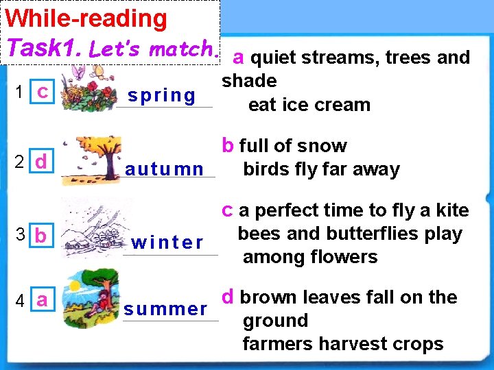 While-reading Task 1. Let’s match. a quiet streams, trees and 1 c 2 d