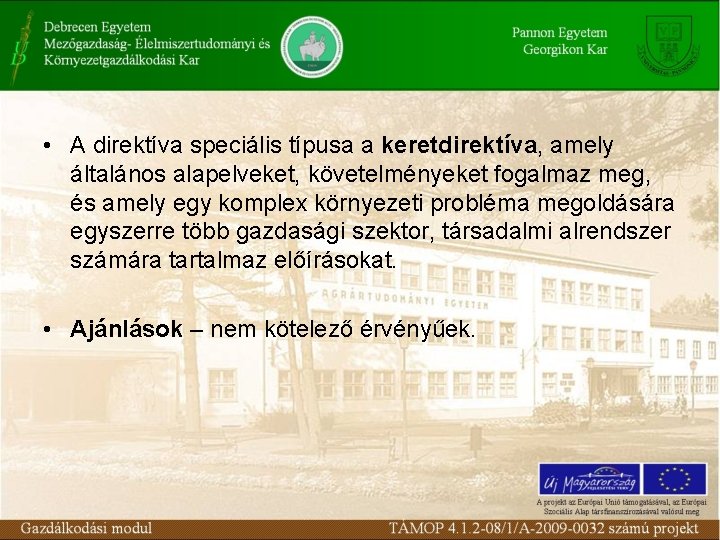  • A direktíva speciális típusa a keretdirektíva, amely általános alapelveket, követelményeket fogalmaz meg,