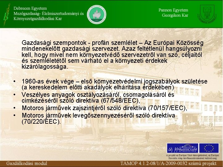 Gazdasági szempontok - profán szemlélet – Az Európai Közösség mindenekelőtt gazdasági szervezet. Azaz feltétlenül