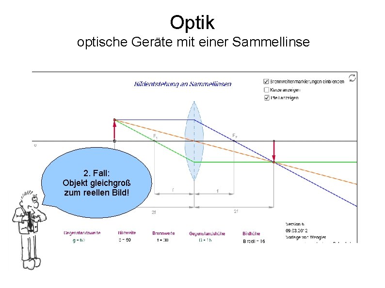 Optik optische Geräte mit einer Sammellinse 2. Fall: Objekt gleichgroß zum reellen Bild! 