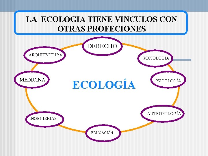 LA ECOLOGIA TIENE VINCULOS CON OTRAS PROFECIONES DERECHO ARQUITECTURA MEDICINA SOCIOLOGÍA ECOLOGÍA PSICOLOGÍA ANTROPOLOGÍA