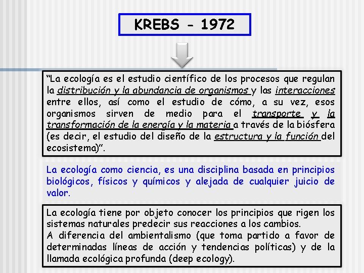 KREBS - 1972 “La ecología es el estudio científico de los procesos que regulan