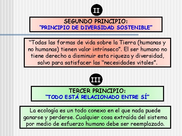 II SEGUNDO PRINCIPIO: “PRINCIPIO DE DIVERSIDAD SOSTENIBLE” “Todas las formas de vida sobre la