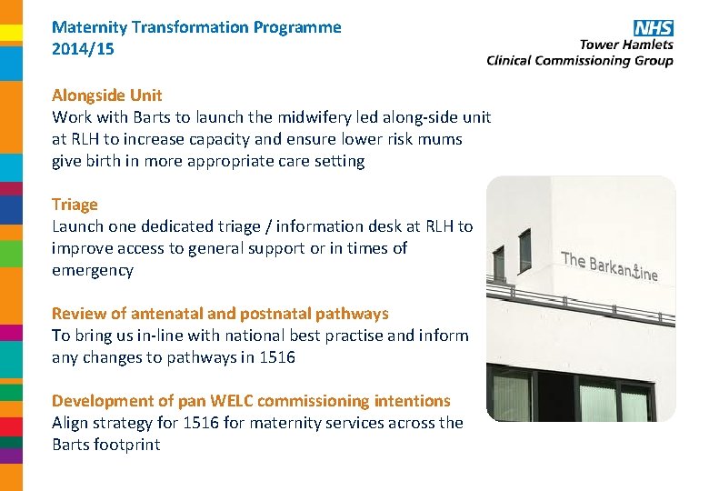 Maternity Transformation Programme 2014/15 Alongside Unit Work with Barts to launch the midwifery led