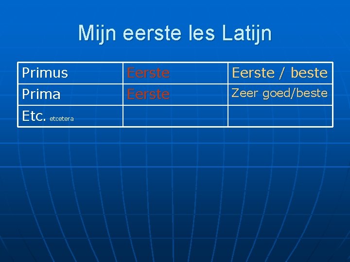 Mijn eerste les Latijn Primus Eerste / beste Prima Eerste Zeer goed/beste Etc. etcetera