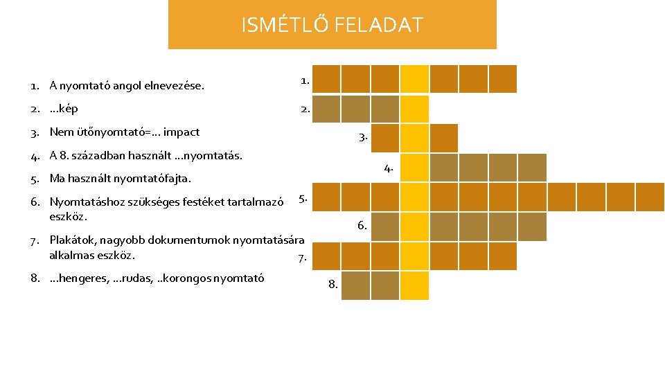 ISMÉTLŐ FELADAT 1. A nyomtató angol elnevezése. 1. 2. …kép 2. 3. Nem ütőnyomtató=…