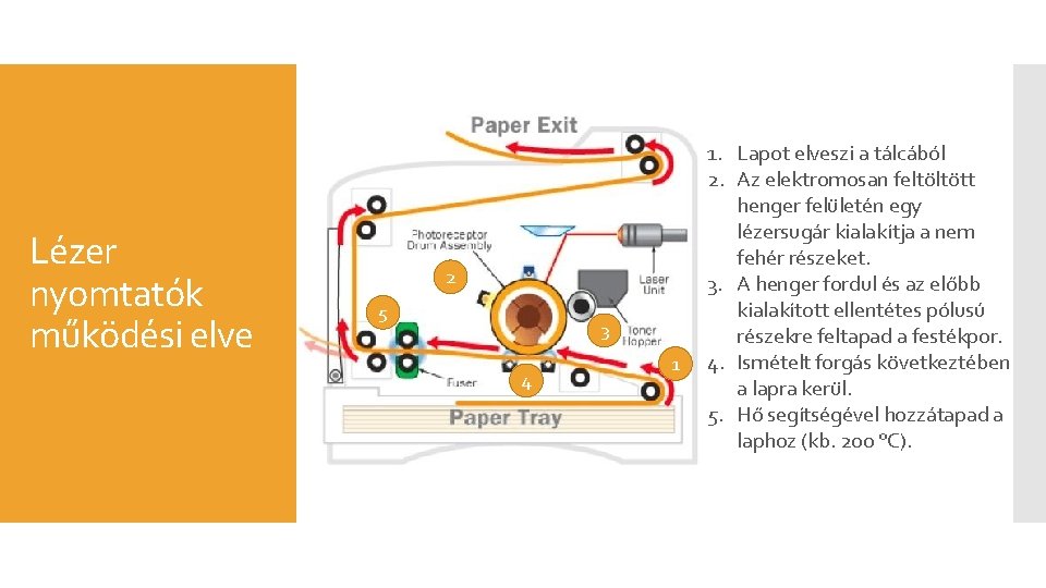Lézer nyomtatók működési elve 2 5 3 4 1 1. Lapot elveszi a tálcából