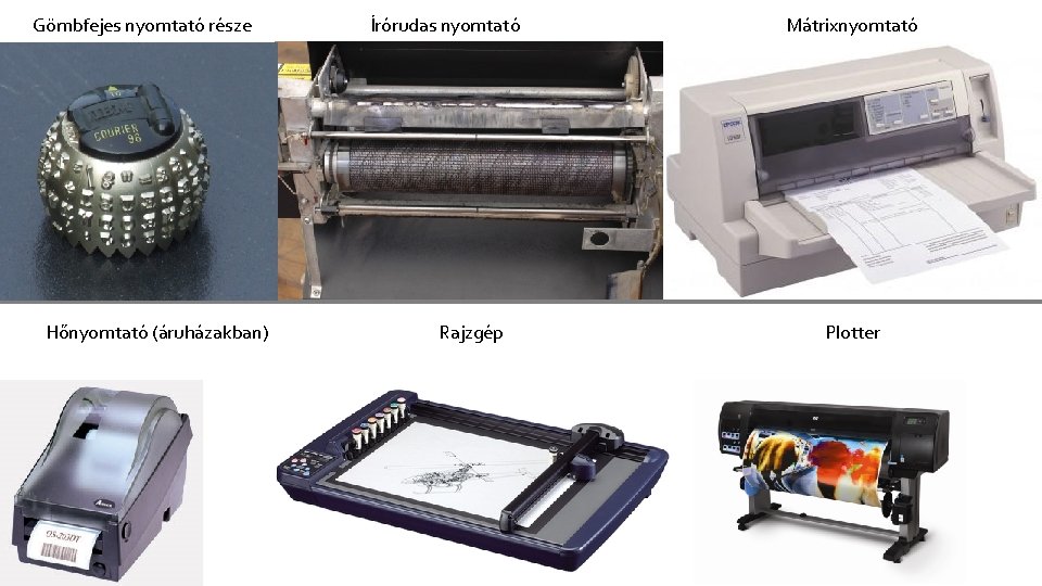 Gömbfejes nyomtató része Írórudas nyomtató Mátrixnyomtató ÜTŐNYOMTATÓK Hőnyomtató (áruházakban) Rajzgép NEM ÜTŐNYOMTATÓ Plotter 