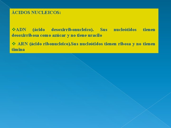 ÁCIDOS NUCLEICOS: v. ADN (ácido desoxirribonucleico). Sus desoxirribosa como azúcar y no tiene uracilo