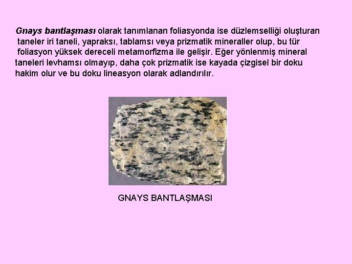 Gnays bantlaşması olarak tanımlanan foliasyonda ise düzlemselliği oluşturan taneler iri taneli, yapraksı, tablamsı veya