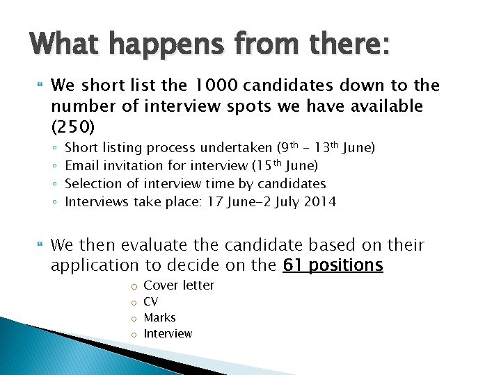 What happens from there: We short list the 1000 candidates down to the number