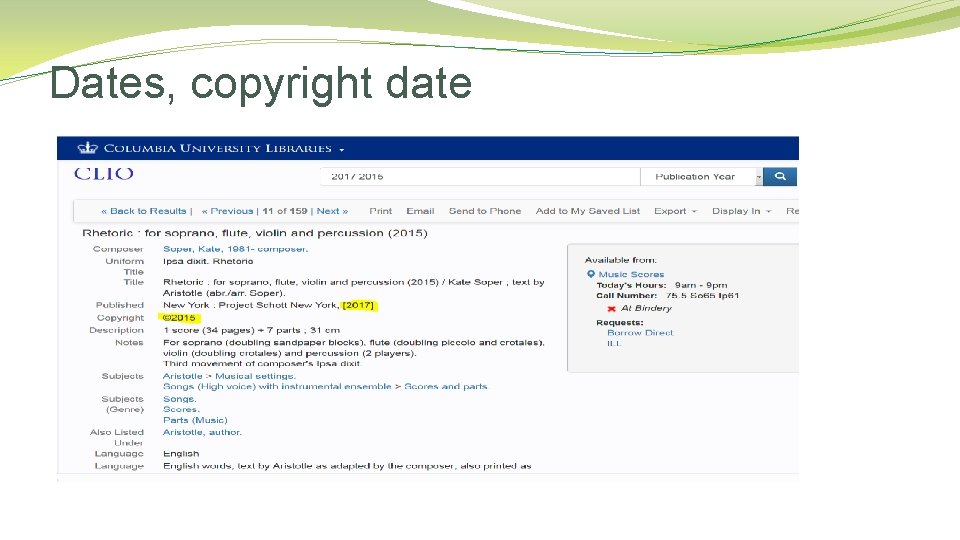 Dates, copyright date 