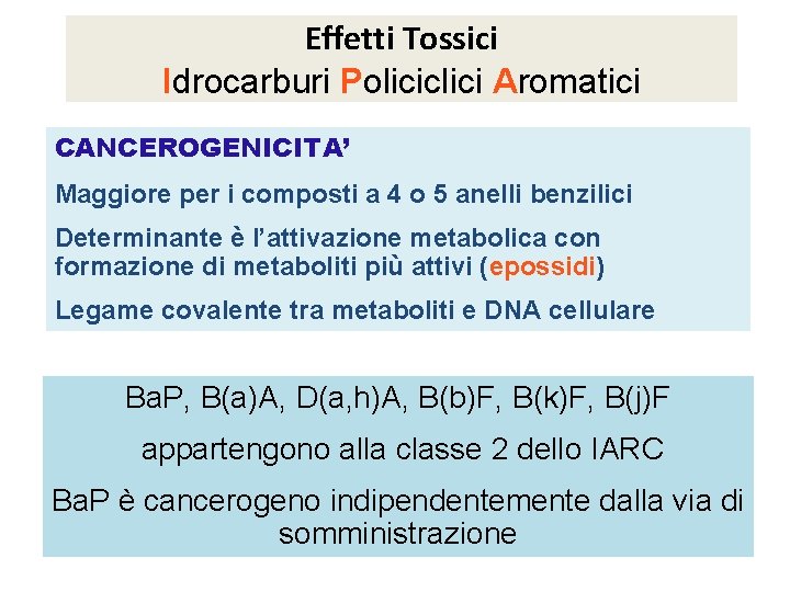 Effetti Tossici Idrocarburi Policiclici Aromatici CANCEROGENICITA’ Maggiore per i composti a 4 o 5