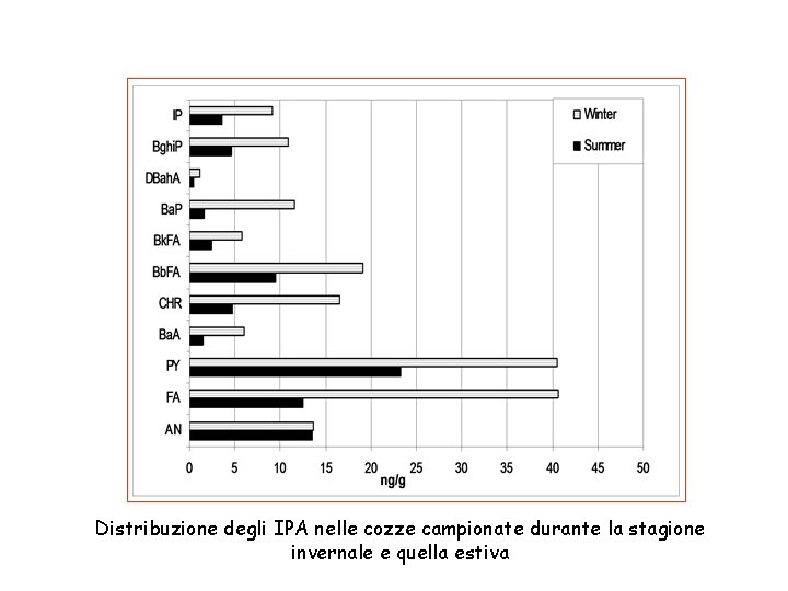 Distribuzione degli IPA nelle cozze campionate durante la stagione invernale e quella estiva 